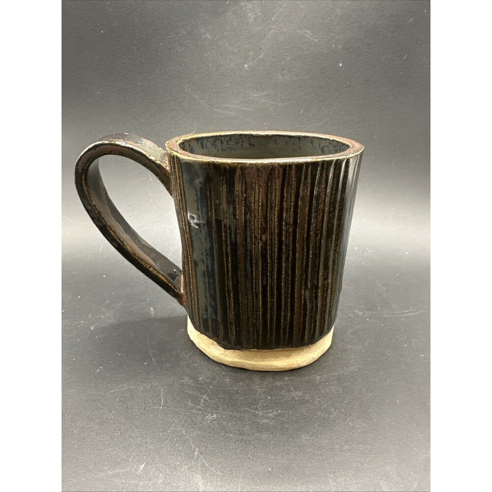 Studio Art Pottery Mug Brown Earth Tones Glaze Ribbed Speckled Signed 5X5.5